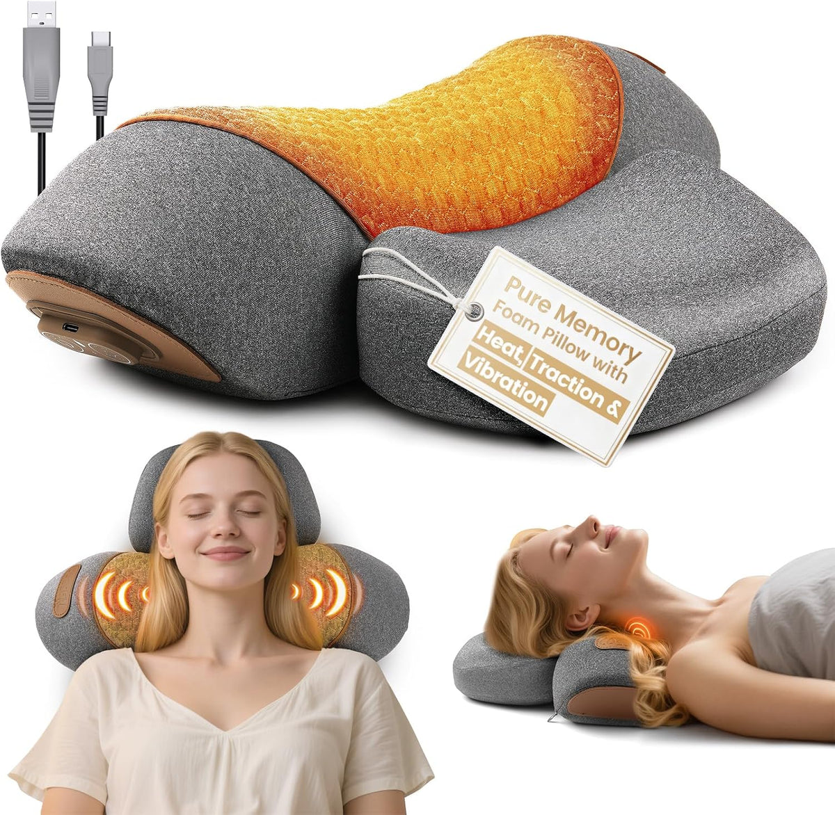 Almohada masajeadora de cuello 3 en 1 Leedpart, masajeador de cuello para alivio del dolor de tejido profundo, almohada de masaje con calor, vibración y tracción de airbag, corrector de joroba cervical ergonómico 3D para masaje en el hogar y la oficina