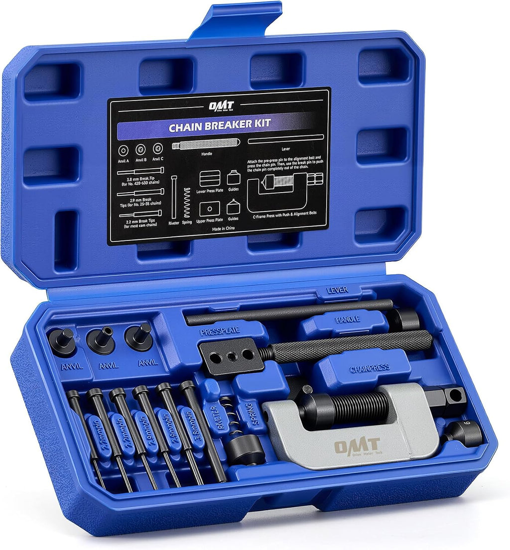 USADO Orion Motor Tech Herramienta para Remachar Cadena de Moto | Kit de 20 Piezas con Marco C Recubierto en Polvo | 5 Pines y Cap de Pre-Prensado | para Cadenas de Moto y ATV de 25 a 630