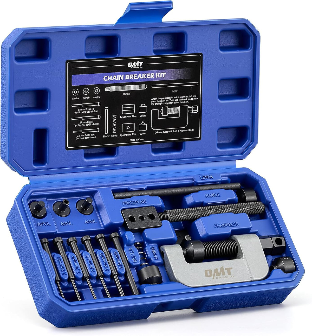 USADO Orion Motor Tech Herramienta para Remachar Cadena de Moto | Kit de 20 Piezas con Marco C Recubierto en Polvo | 5 Pines y Cap de Pre-Prensado | para Cadenas de Moto y ATV de 25 a 630