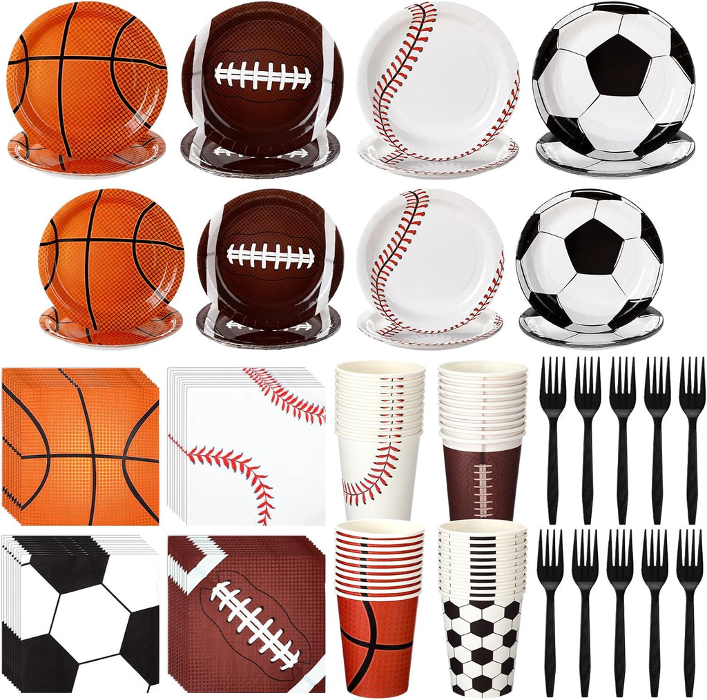 Ziliny 200 Pcs Sports Party Supplies Paper Plates Napkins Cups Plastic Forks Football Basketball Baseball Rugby Disposable Tableware Sets for Baby Shower Birthday Party Supplies Serves 40 Guests