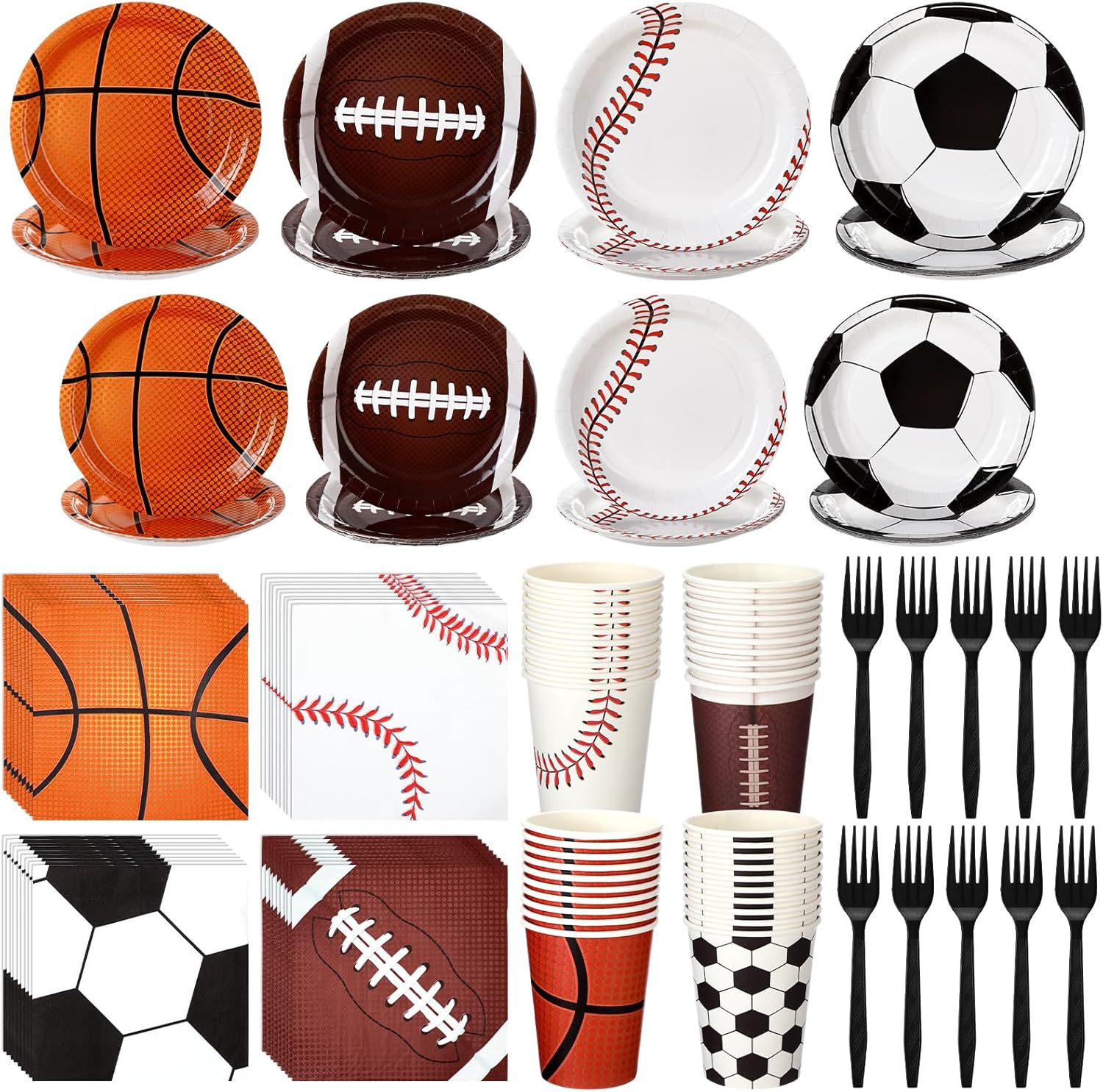 Ziliny 200 Pcs Sports Party Supplies Paper Plates Napkins Cups Plastic Forks Football Basketball Baseball Rugby Disposable Tableware Sets for Baby Shower Birthday Party Supplies Serves 40 Guests