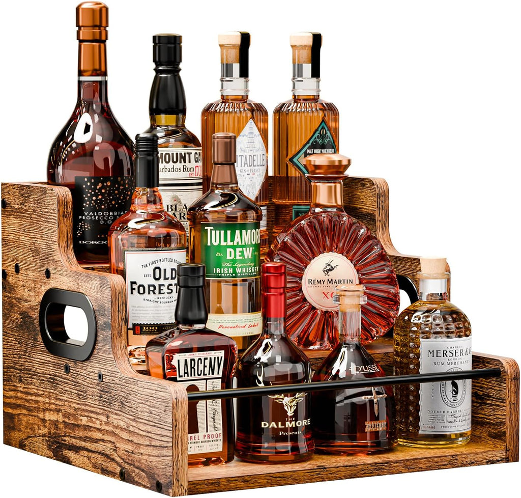 Estante para botellas de licor KLM, organizador de jarabe para café, botellero de 3 niveles para encimera, minibar, mueble para licores, estante retro para bar en casa para licores, whisky y bebidas espirituosas.