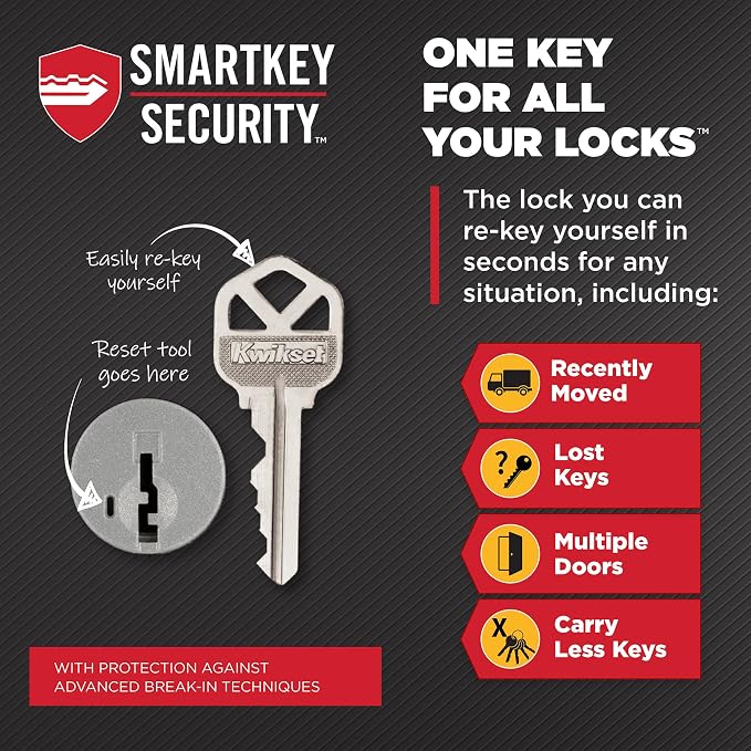 Kwikset Tylo Pomo de puerta de entrada con cerradura y llave, manija segura con llave para exteriores, entrada frontal y dormitorio, níquel satinado, SmartKey resistente a la manipulación y Microban