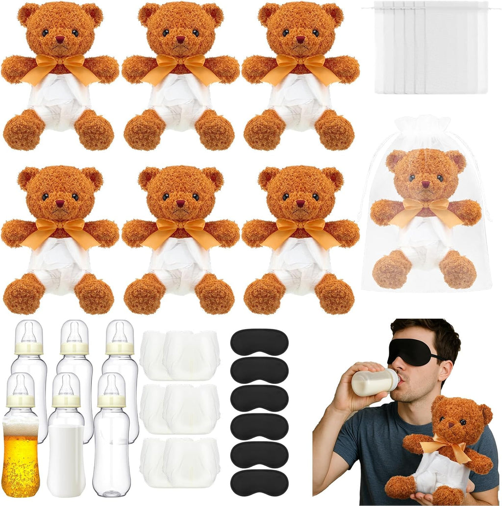 Yearntown 6 Set Bottle Chug Baby Shower Games Tan Brown Bear Blindfolded Diaper Changing Games Kits Bottles Diapers Blindfold Eye Masks Bear Baby Shower Party Guest Gifts