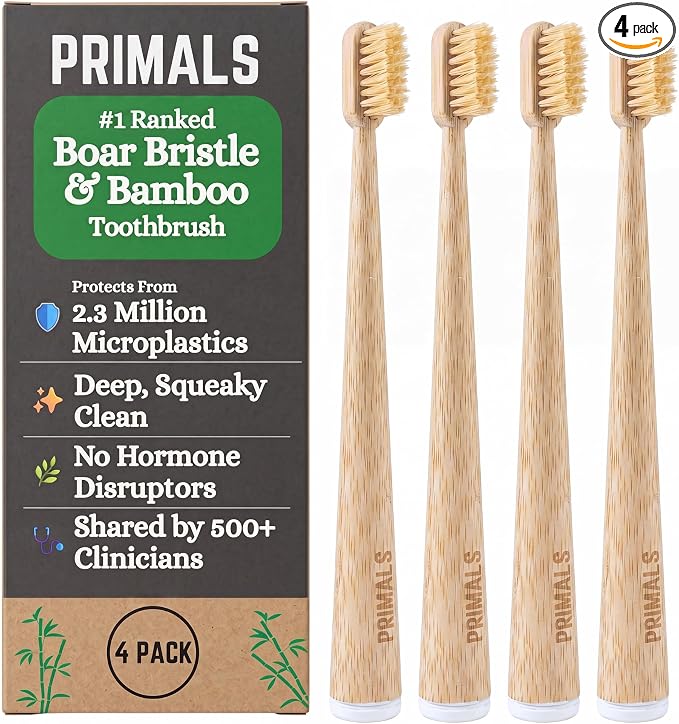 PRIMALS Cepillo de dientes de cerdas de jabalí y bambú (paquete de 4) - Cerdas de jabalí premium - Totalmente biodegradable - Sin plástico y nailon - Diseño de secado rápido