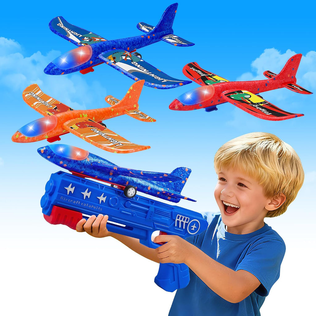 LJZJ Aviones Planeadores LED con Catapulta – Paquete de 3, 2 Modos de Vuelo, Juguete Exterior para Niños +3 Años