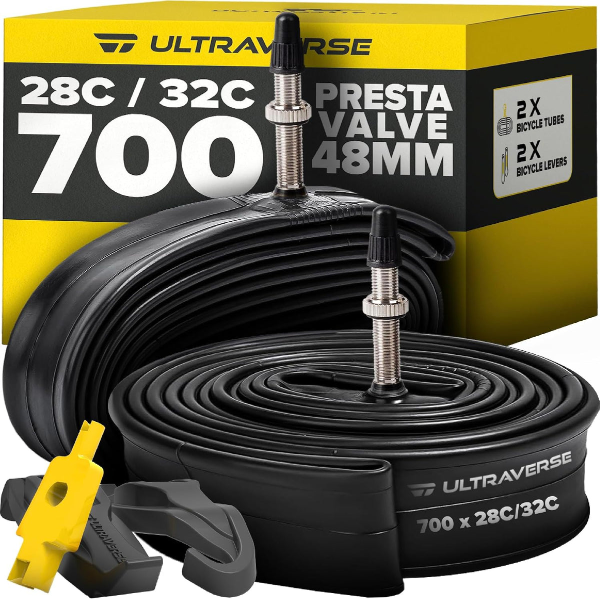 Cámara Bicicleta Ultraverse 700x28-32c, Válvula Presta 48mm, Hule Butilo Bicicletas Carretera Grava, Set 2 + 2 Palancas