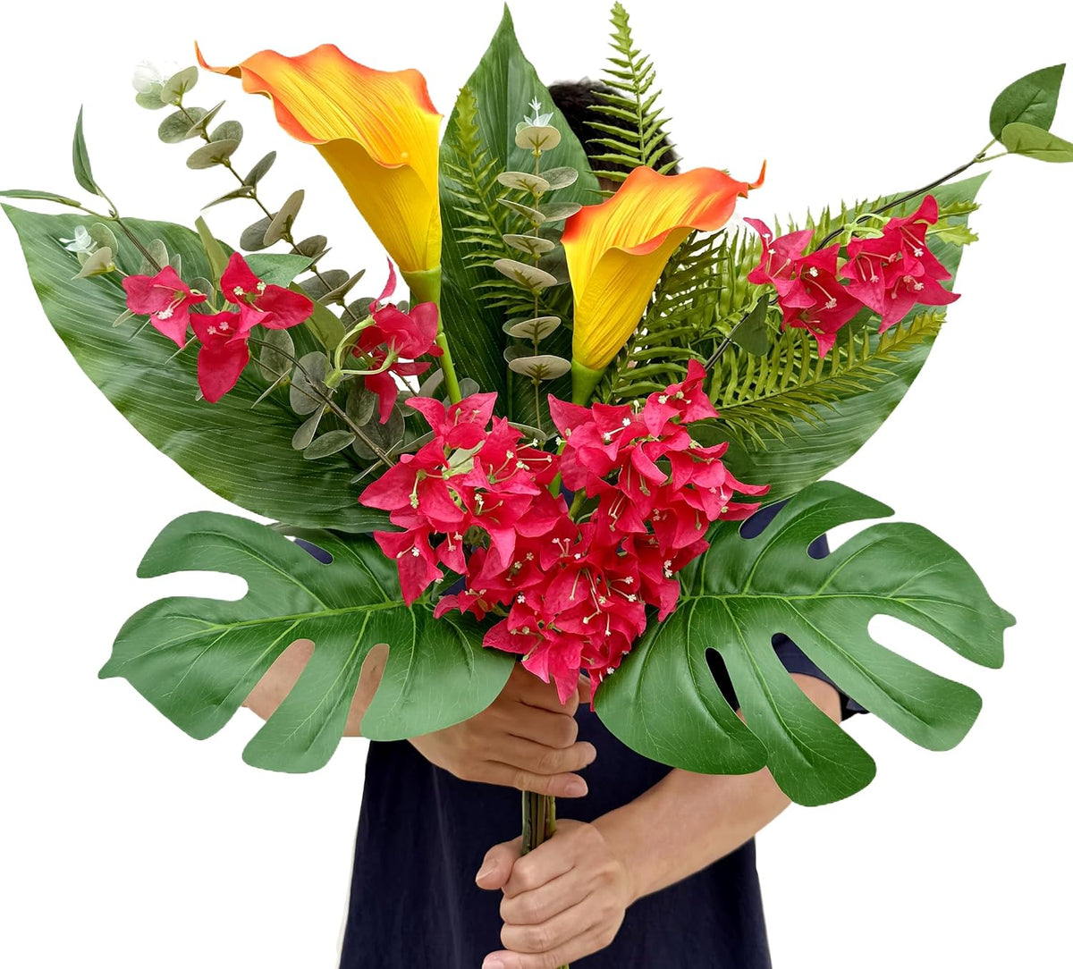 wardbum Ramo artificial tropical de calas, buganvillas, monstera, alocasia, helechos y eucaliptos para decoración de mesas, jarrones, centros de mesa, hogares, oficinas y hoteles (colores tropicales variados)