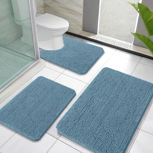 Set de Tapetes de Baño 3 Piezas Azul Piedra – Chenille Ultra Suave, Antideslizante y Absorbente