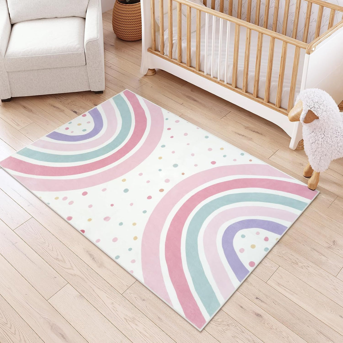 Alfombra Arcoiris Lavable STARUIA 4x6 para Cuarto de Ninos | Suave con Lunares Rosa | Antideslizante | Sala de Juegos