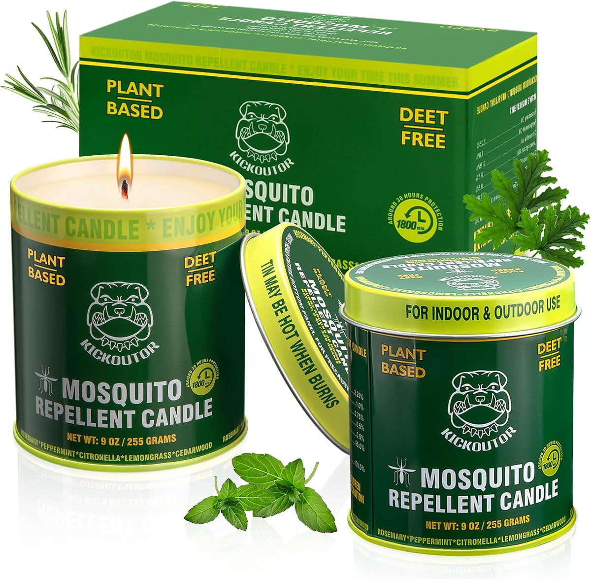 Velas repelentes de mosquitos KICKOUTOR® con citronela para exteriores, paquete de 2| Total 510 ml (18 onzas) Protección contra insectos de 60 horas sin DEET para patio, camping, picnic, jardín y habitaciones