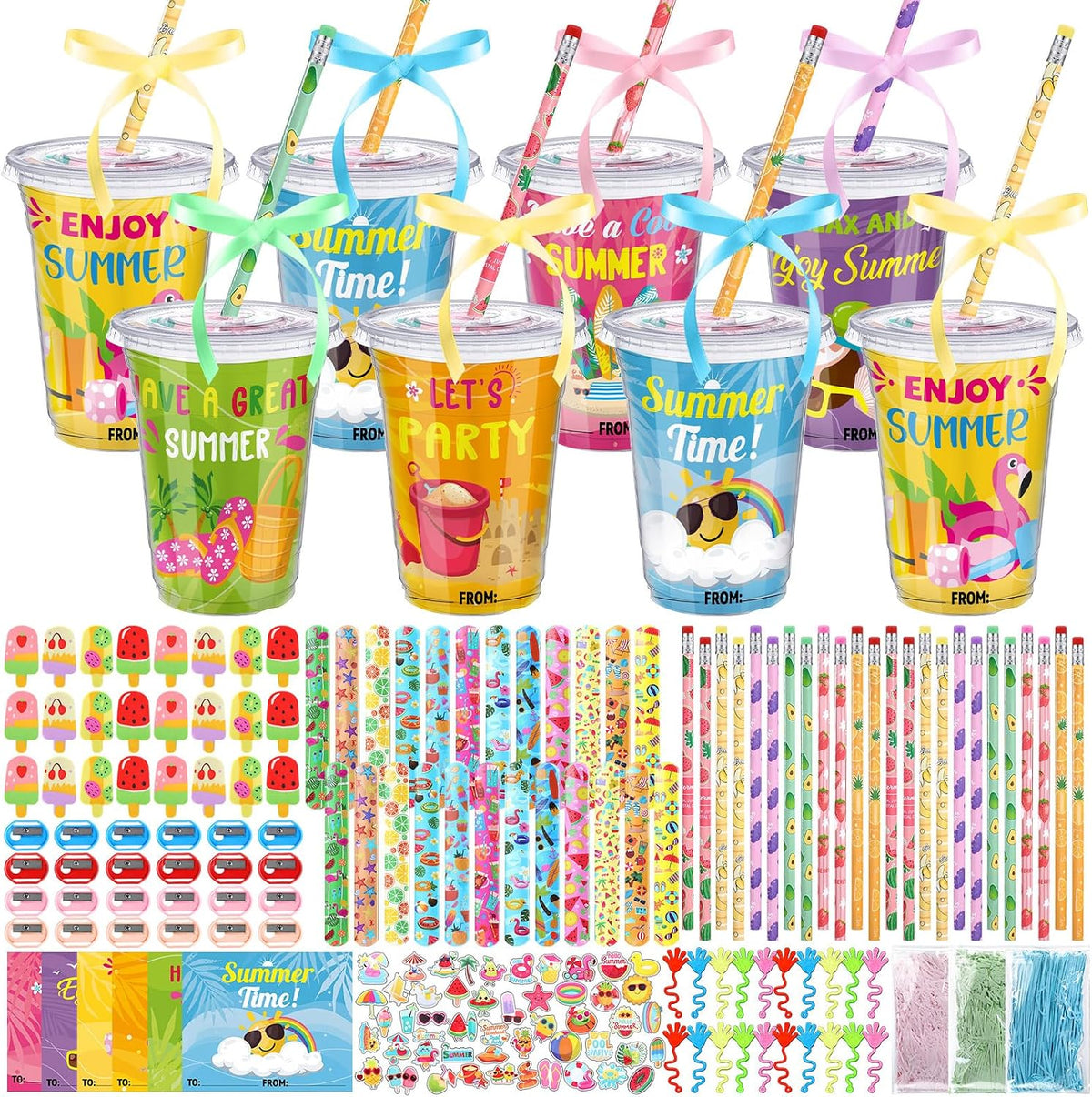 Afarnook 24 Sets Regalos de Fin de Año para Estudiantes Artículos de Papelería de Verano a Granel Recuerdos de Fiesta Lápices Borradores Sacapuntas Vaso Pulseras de Bofetada Pegatinas Manos Adhesivas Tarjeta para Regalos de Clase Recompensa de Clase