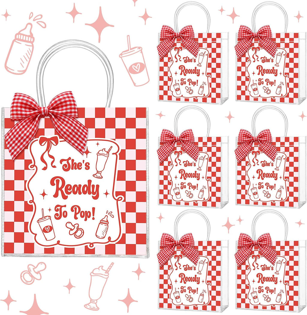 SilTriangle 24 piezas Bolsas de regalo de PVC para baby shower "She's Ready to Pop" con asas Bolsas de regalo de plástico reutilizables Coquette Cinta de cuadros rojos Bolso a granel Red Soda Decoraciones para fiestas de baby shower de revelación de