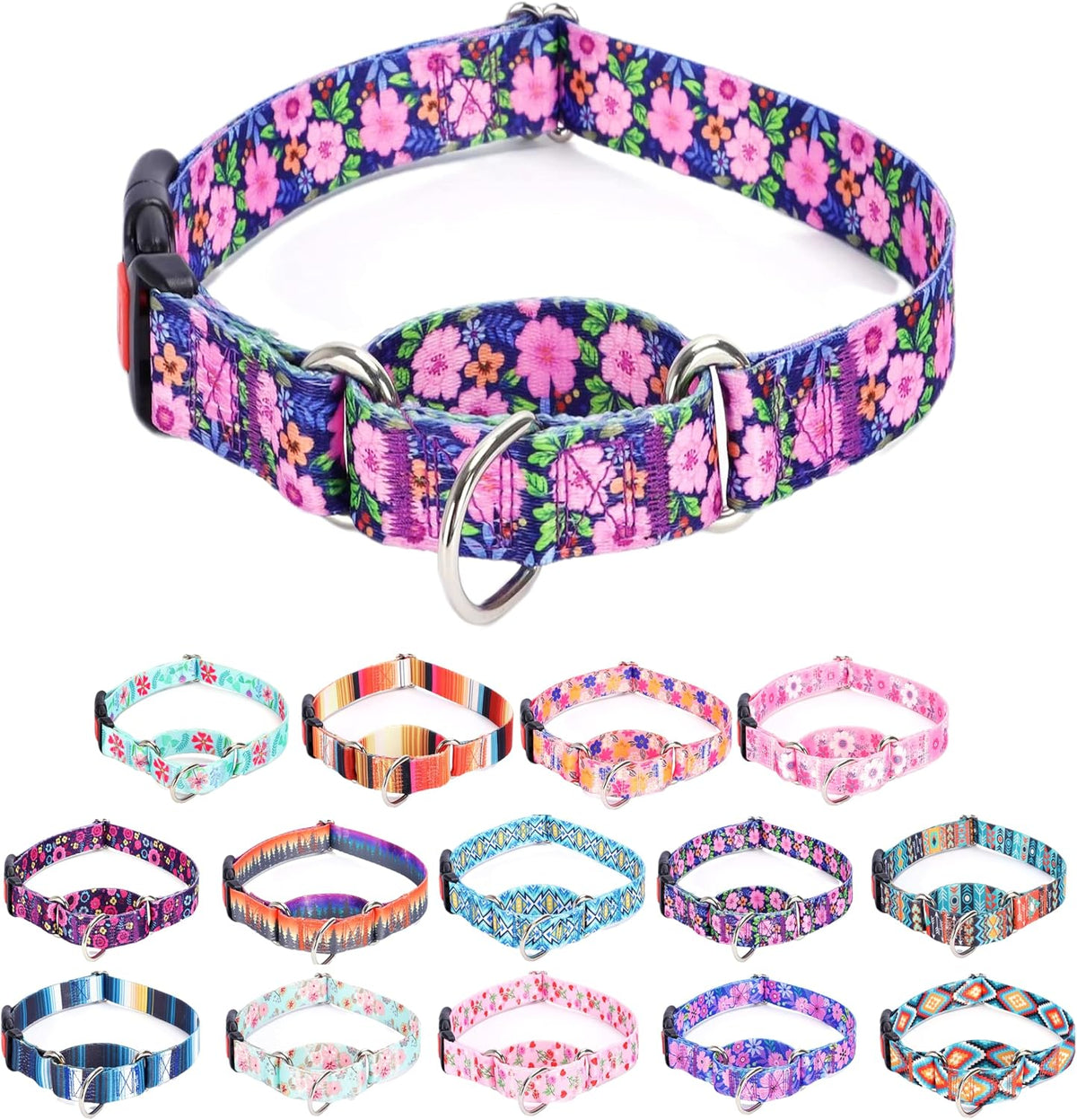 INCLUYE SOLO EL GRANDE DE EN MEDIO. Moonpet Collar Martingale para Perros | Ajustable, Suave y Duradero | Antitirones y Antideslizante con Hebilla de Seguridad | Margaritas, Talla Mediana