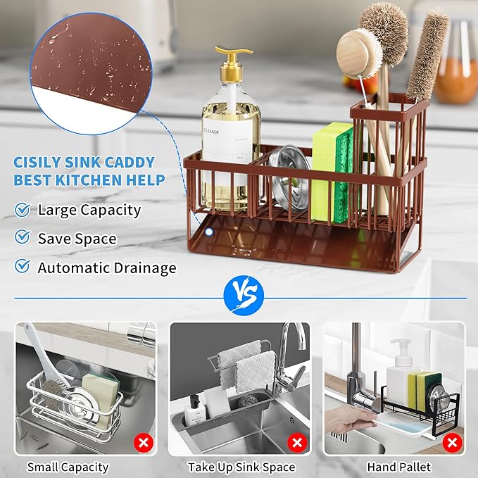 Cisily Organizador para fregadero de cocina, soporte de esponja para fregadero de cocina, organizador de fregadero de cocina y almacenamiento con soporte alto para cepillos, accesorios de fregadero de acero inoxidable 304 inoxidables (marrón)