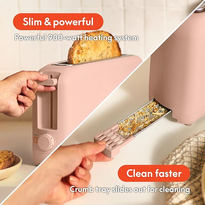 BELLA - Tostadora de 2 ranuras delgada, Fits-anywhere™ Utensilios de cocina, control de 6 niveles de tostado con botones de recalentar y cancelar, para pan de masa madre, ranura larga de 25 cm