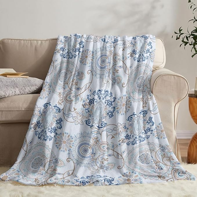 Manta de Forro Polar con Patrón de Cachemira Azul y Verde – Suave, Cálida y Decorativa para Todas las Estaciones
