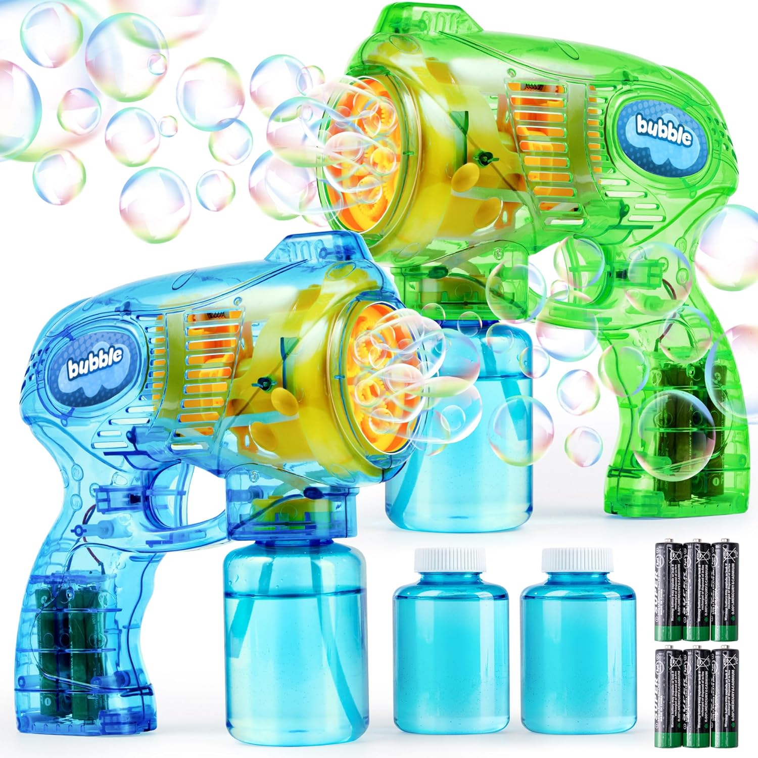 JOYIN - Kit de 2 pistolas de burbujas con 2 soluciones para niños, máquina sopladora automática para hacer burbujas, ideal para fiestas, cumpleaños, actividades al aire libre e interiores, juguete de verano.