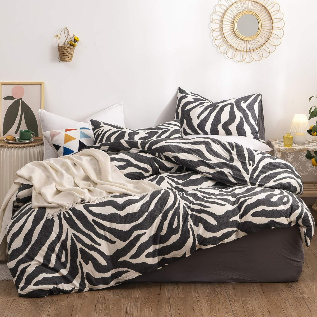 Juego de funda nórdica LAYENJOY Zebra Queen 100% algodón con estampado animal en blanco y negro. Incluye 1 funda nórdica Leopard Full con lazos de cremallera y 2 fundas de almohada para niños, adolescentes, niñas y mujeres.