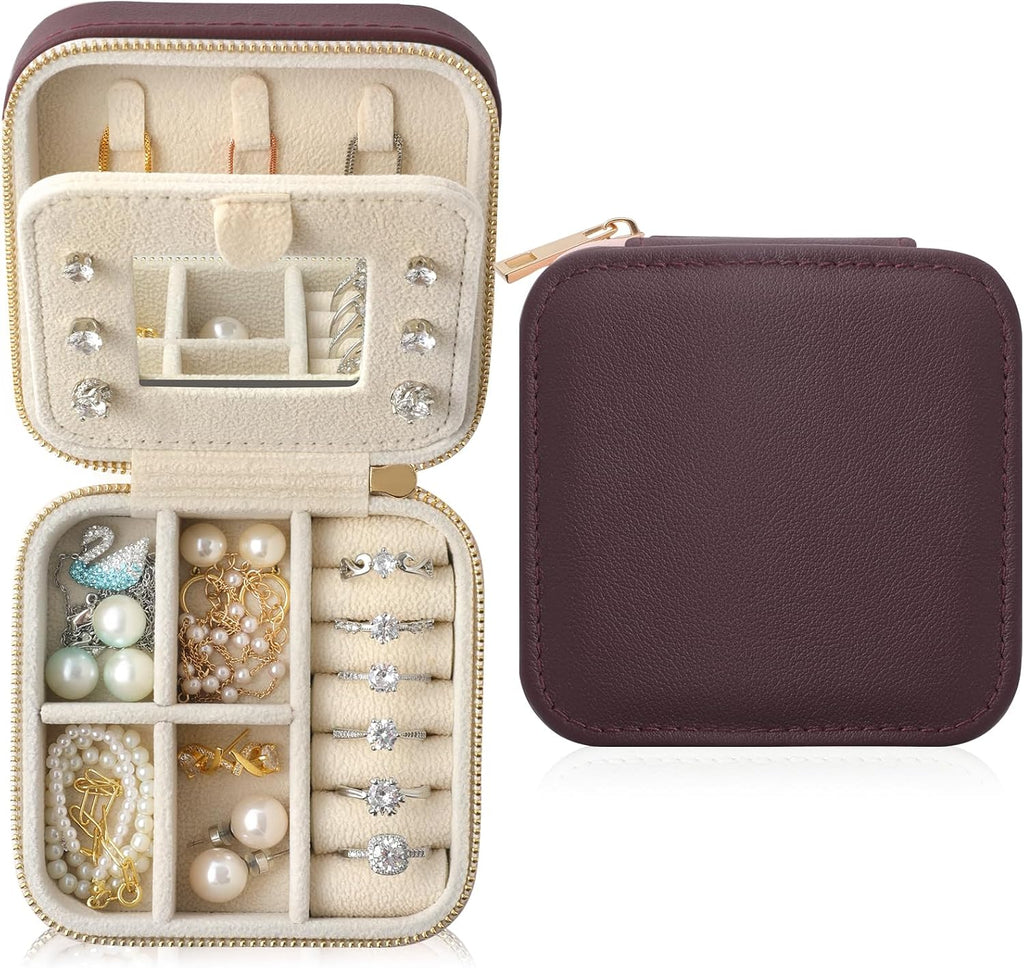 Estuche organizador de joyas de viaje de cuero genuino NGVRC con espejo para mujer, mini joyero portátil pequeño para pendientes, anillos, collares y pulseras (color burdeos)