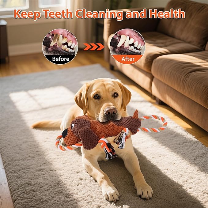 Juguetes de Peluche para Perros con Cuerda, Silbato y Papel Crujiente – Juguete Interactivo Chirriante para Masticar para Perros Grandes y Cachorros – Juguete Resistente para Mascotas para Tira