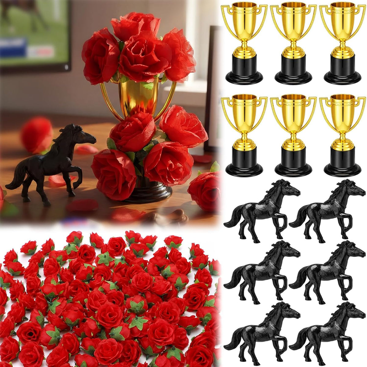 Wenqik Decoracion de Fiesta de Carreras de Caballos | Centros de Mesa con 100 Rosas Rojas, 6 Trofeos Dorados y 6 Caballos | Fiesta Tematica Derby