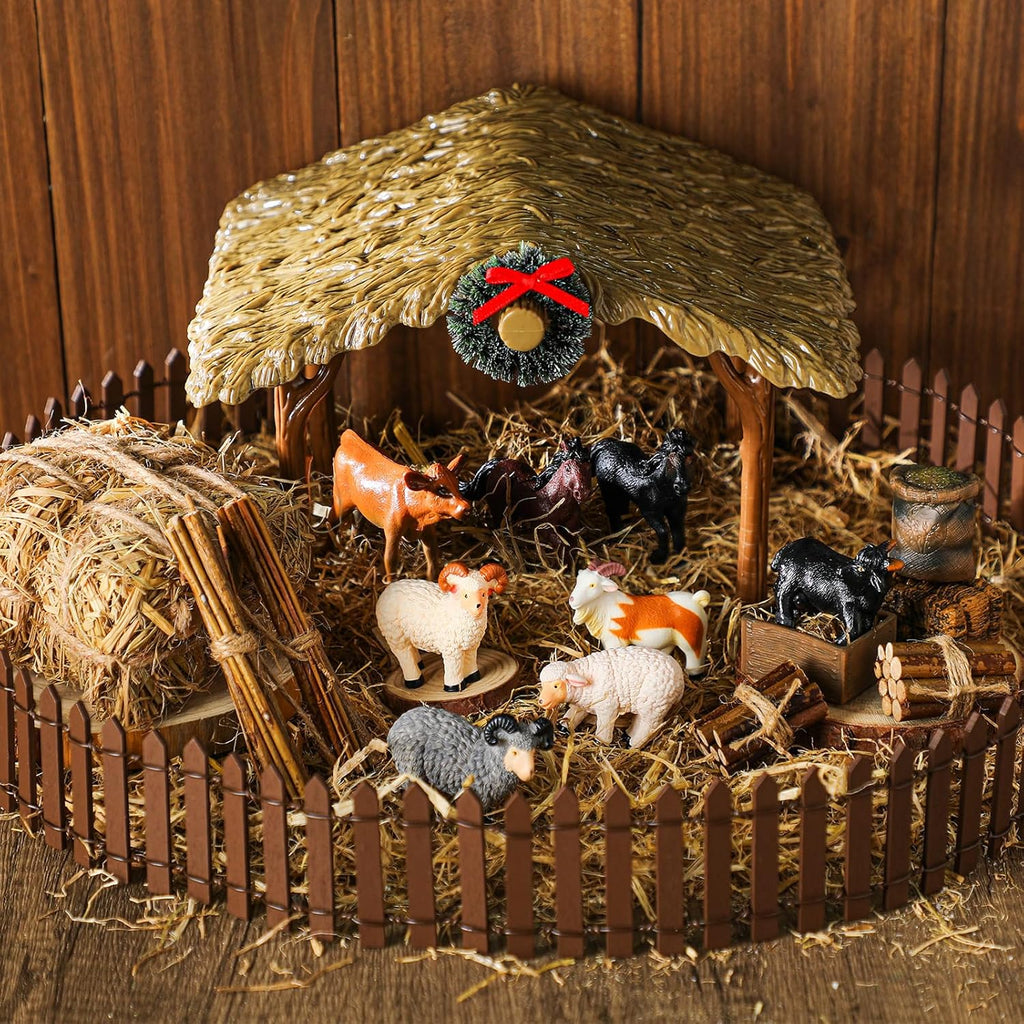 Thyle Juego de 20 piezas de cobertizo de pesebre navideño, establo en miniatura para decoración de mesa de Navidad incluyendo techo de paja, valla, animales de granja, balas de heno y herramientas, pila de leña y vaca