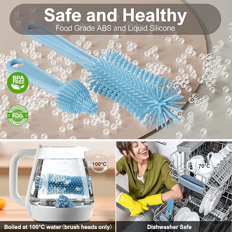 Juego de cepillos de limpieza de botellas 6 en 1 con cepillo de silicona para botellas, cepillo para pezones, cepillo para pajilla, dispensador de jabón, estante de secado para biberones y botellas