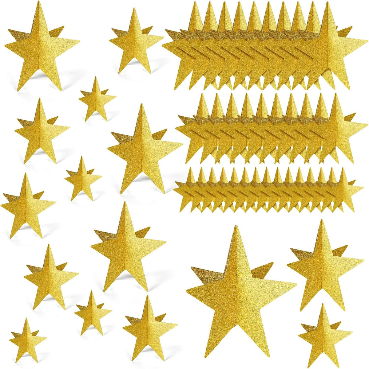 Sinload Estrellas 3D con Brillo de 90 piezas TOTAL | Decoracion de Graduacion Dorada, 3 Tamanos | Centro de Mesa para Fiesta Tematica