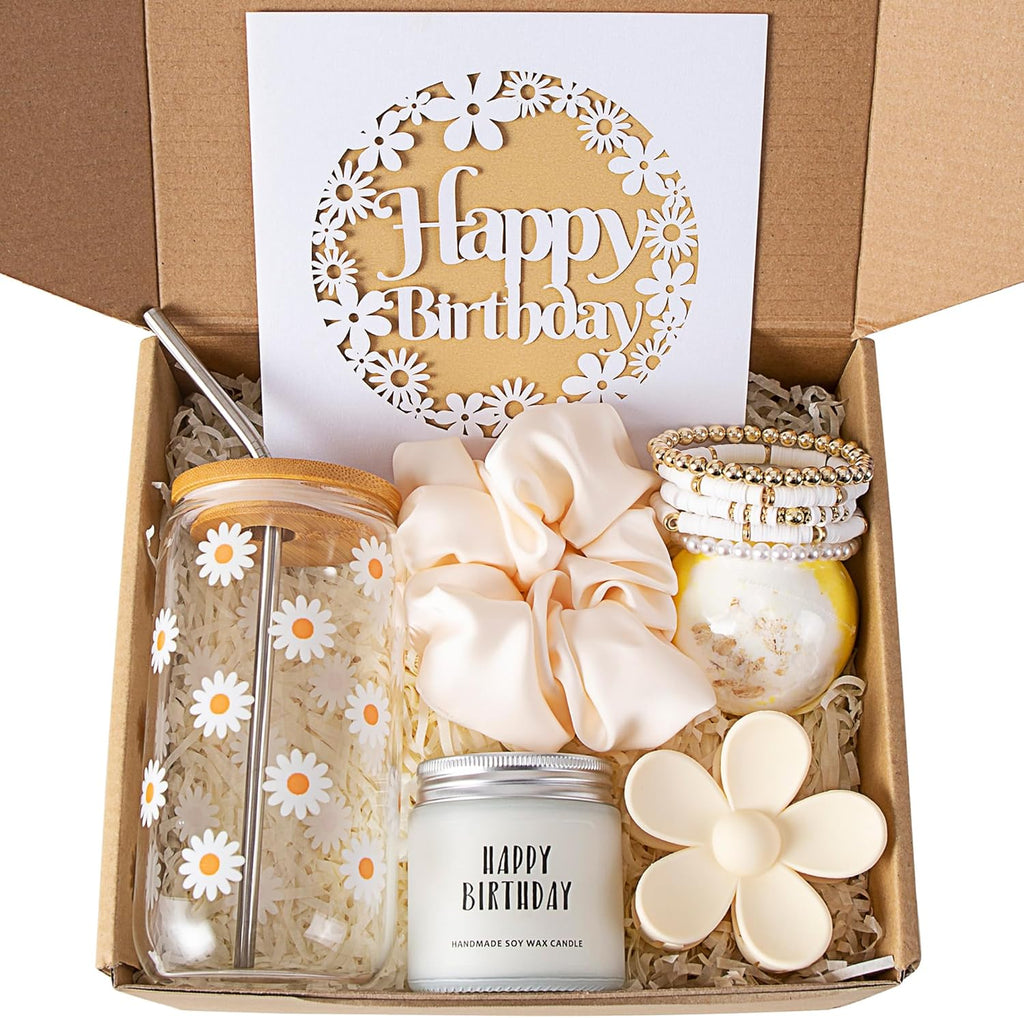 Regalos de cumpleaños JTEWB para mujeres, adolescentes, para ella, caja de regalo de feliz cumpleaños para niñas, mujeres, hermanas, hijas, amigas, juego de regalo de 7 vasos de vidrio con estética de margarita