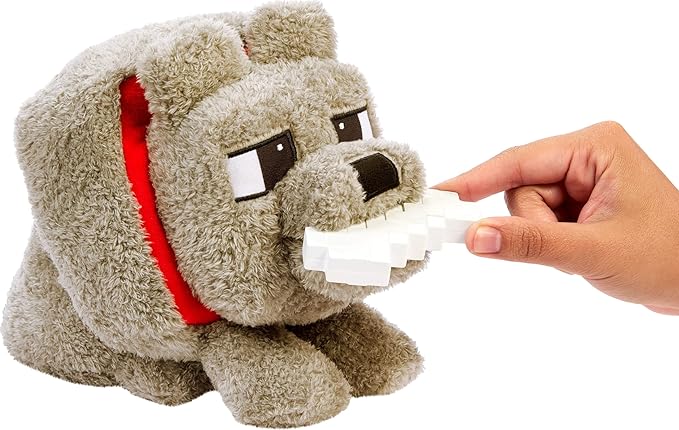 ⚠️ NO INCLUYE EL HUESO - Mattel Minecraft Dennis el lobo de peluche con acción de alimentación y sonido, animal de peluche modo comida inspirado en una película de Minecraft