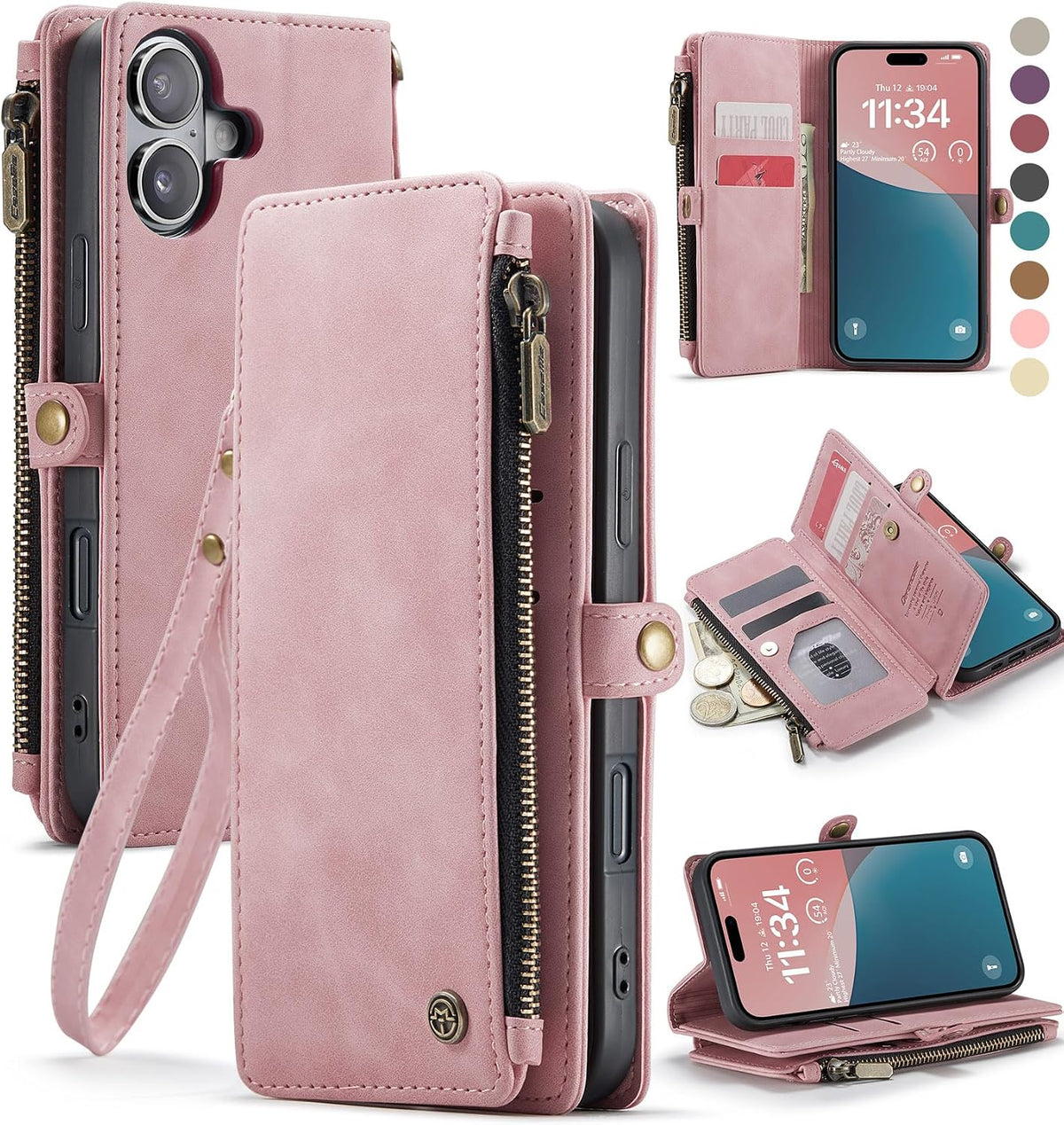 Funda tipo cartera Defencase compatible con iPhone 16 con tarjetero con bloqueo RFID para hombres y mujeres, funda tipo cartera de cuero sintético PU con cierre magnético y cremallera para iPhone 16 de 6.1", color rosa.