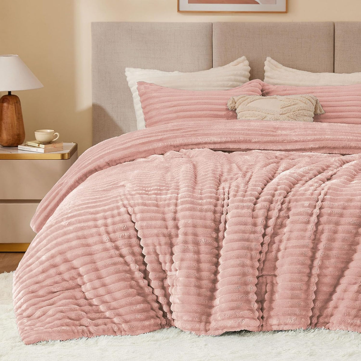 Edredón Queen de Borrego BEDELITE Rosa Palo – Ultra Suave y Cálido, Fleece Tipo Piel Sintética para Invierno