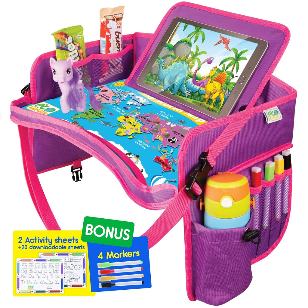 Bandeja de Viaje Impermeable para Niños con Soporte para Tablet | Mesa de Regazo para Auto y Avión, Rosa