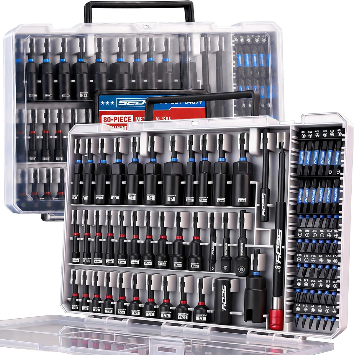 Juego de destornilladores de impacto magnéticos premium de 80 piezas, métricos y SAE, con adaptadores para vasos, portapuntas, destornillador de tuercas de mariposa, vasos universales, extensión de liberación rápida y puntas de potencia.