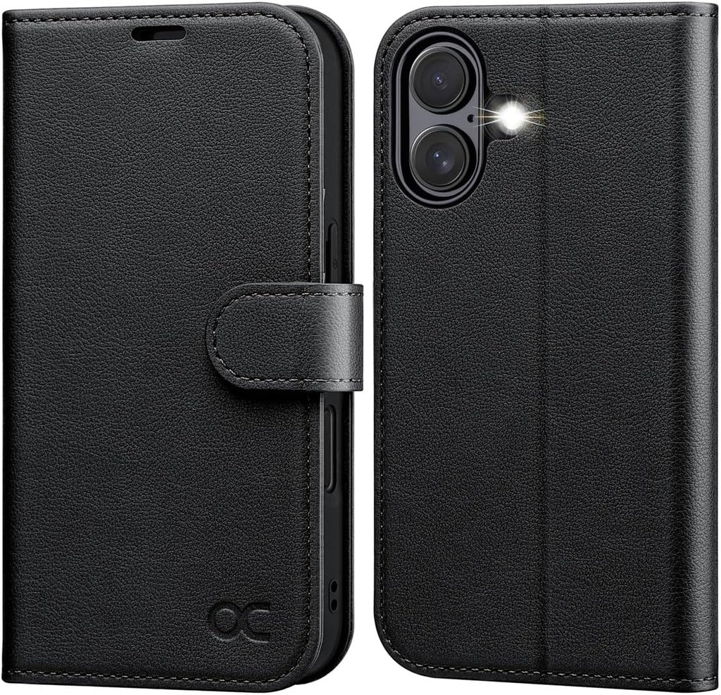 Funda Cartera OCASE para iPhone 17, Tapa Abatible de Cuero PU con Compartimiento de Tarjetas, Bloqueo RFID, Atril, Cierre Magnético, Funda Protectora para iPhone 17 de 16cm, Negro Litchi