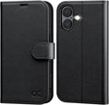 Funda Cartera OCASE para iPhone 17, Tapa Abatible de Cuero PU con Compartimiento de Tarjetas, Bloqueo RFID, Atril, Cierre Magnético, Funda Protectora para iPhone 17 de 16cm, Negro Litchi