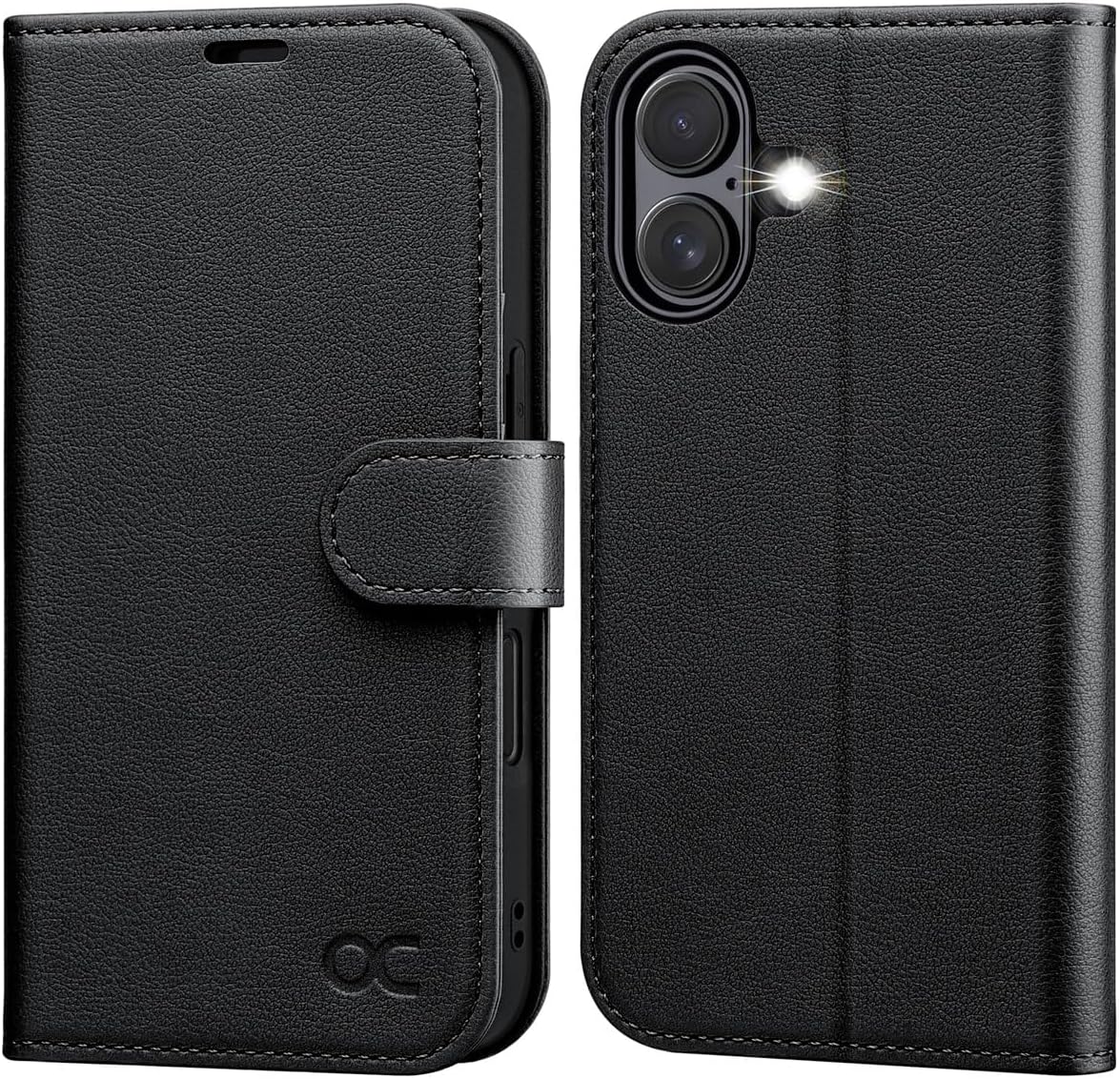Funda Cartera OCASE para iPhone 17, Tapa Abatible de Cuero PU con Compartimiento de Tarjetas, Bloqueo RFID, Atril, Cierre Magnético, Funda Protectora para iPhone 17 de 16cm, Negro Litchi