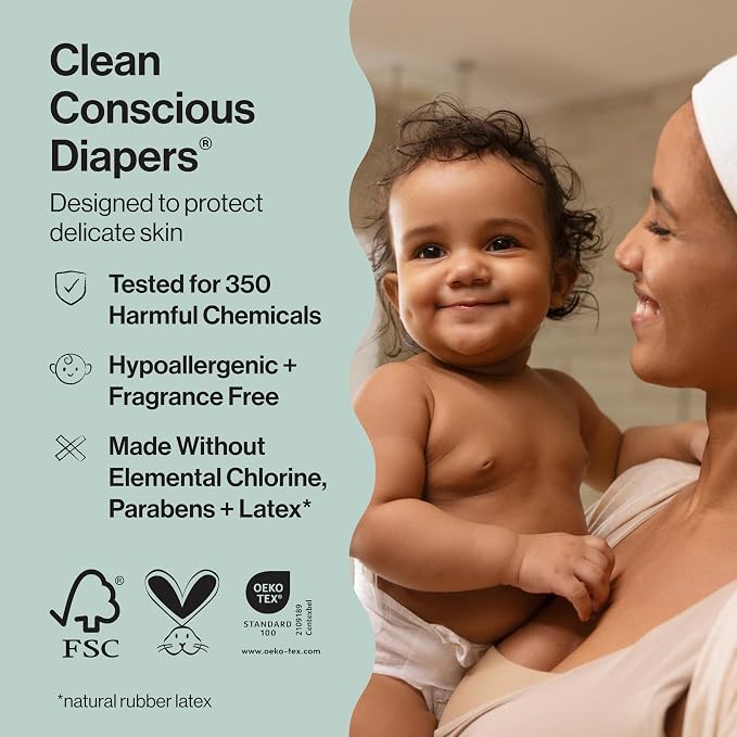The Honest Company Clean Conscious - Pañales para pieles delicadas, hasta un 100% a prueba de fugas, hipoalergénicos, estampados de género neutro, caja Club, tamaño para recién nacido, 72 unidades