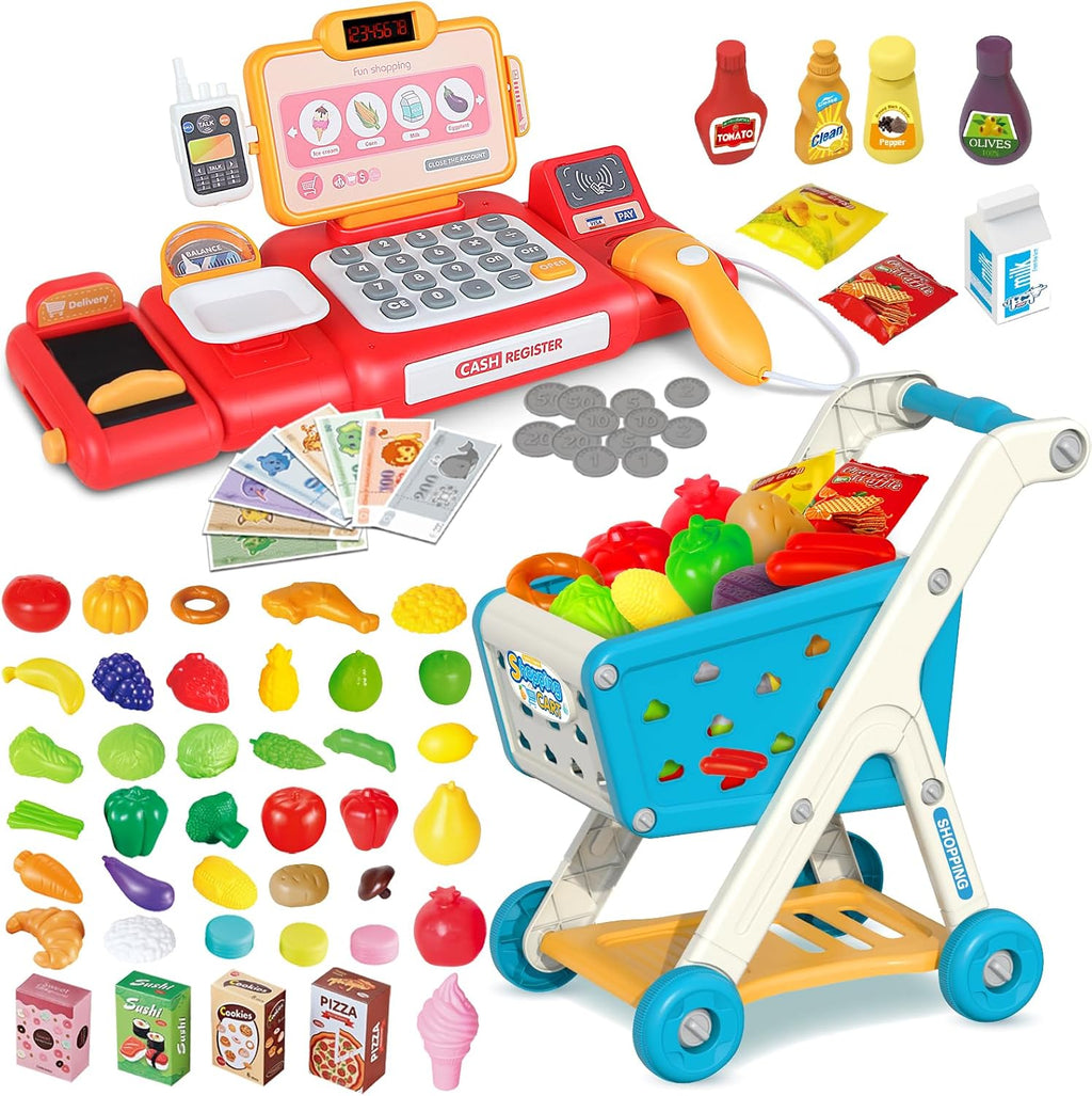 Yalujumb Carrito de Compras de Juguete con Caja Registradora y Calculadora | Set de Juego Simbolico con Comida y Accesorios | para Ninos de 3 Anos en Adelante