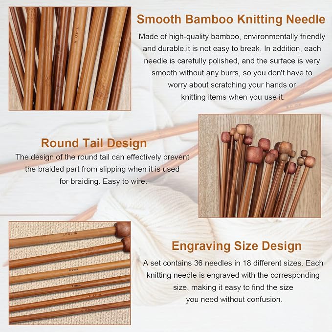 Aeelike Juego de 18 pares de agujas de tejer de bambú, agujas de tejer de madera de 10 pulgadas de un solo punto con bolsa enrollable, juego de agujas de tejer portátiles para principiantes (0.079 a 0.394 pulgadas) Visita la tienda de Aeelike