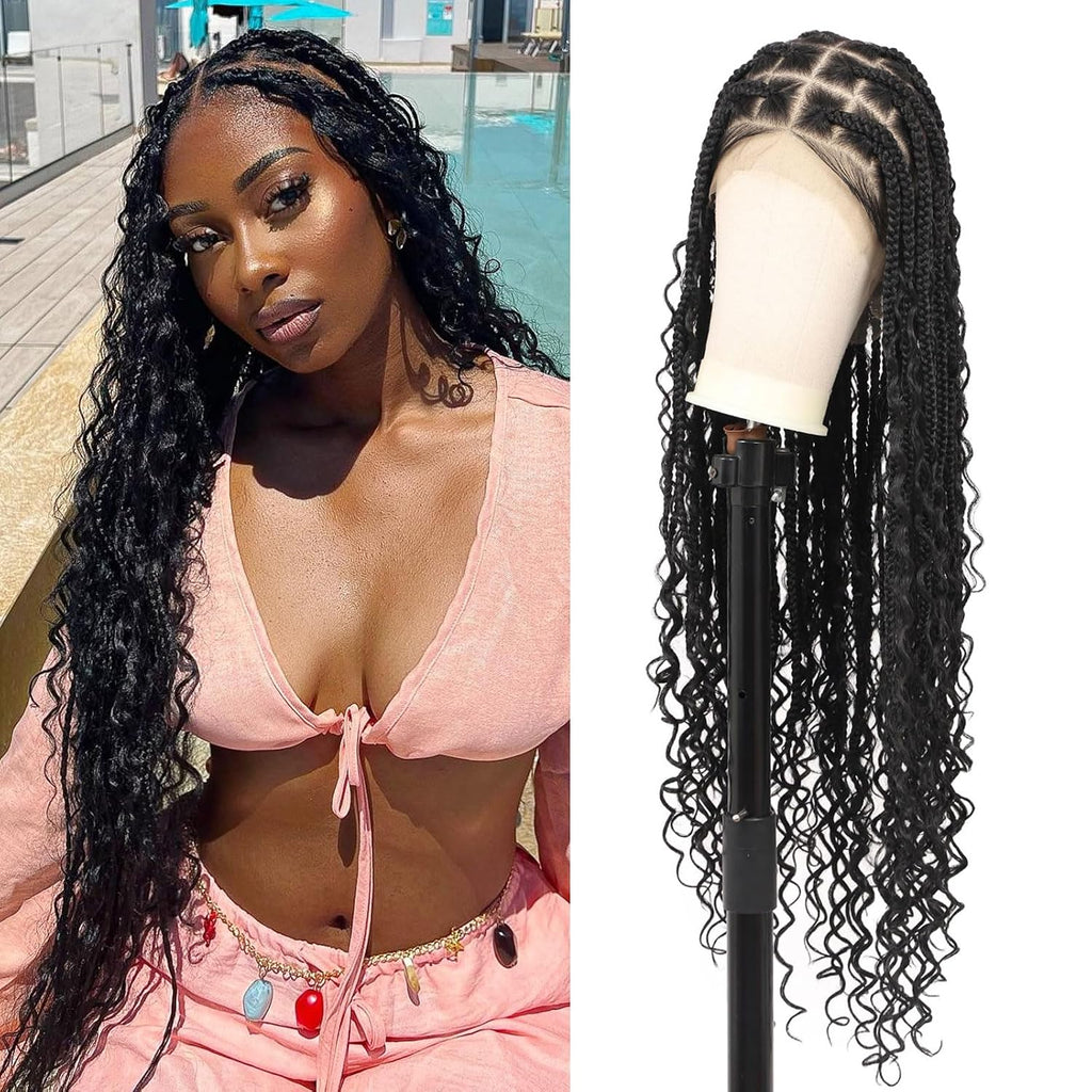 Pelucas trenzadas estilo boho sin nudos Brinbea de 13x8'' Pelucas trenzadas con encaje frontal HD para mujer Peluca de trenzas de caja con cabello de bebé Pelucas trenzadas con encaje frontal sintéticas premium largas negras de 36 pulgadas