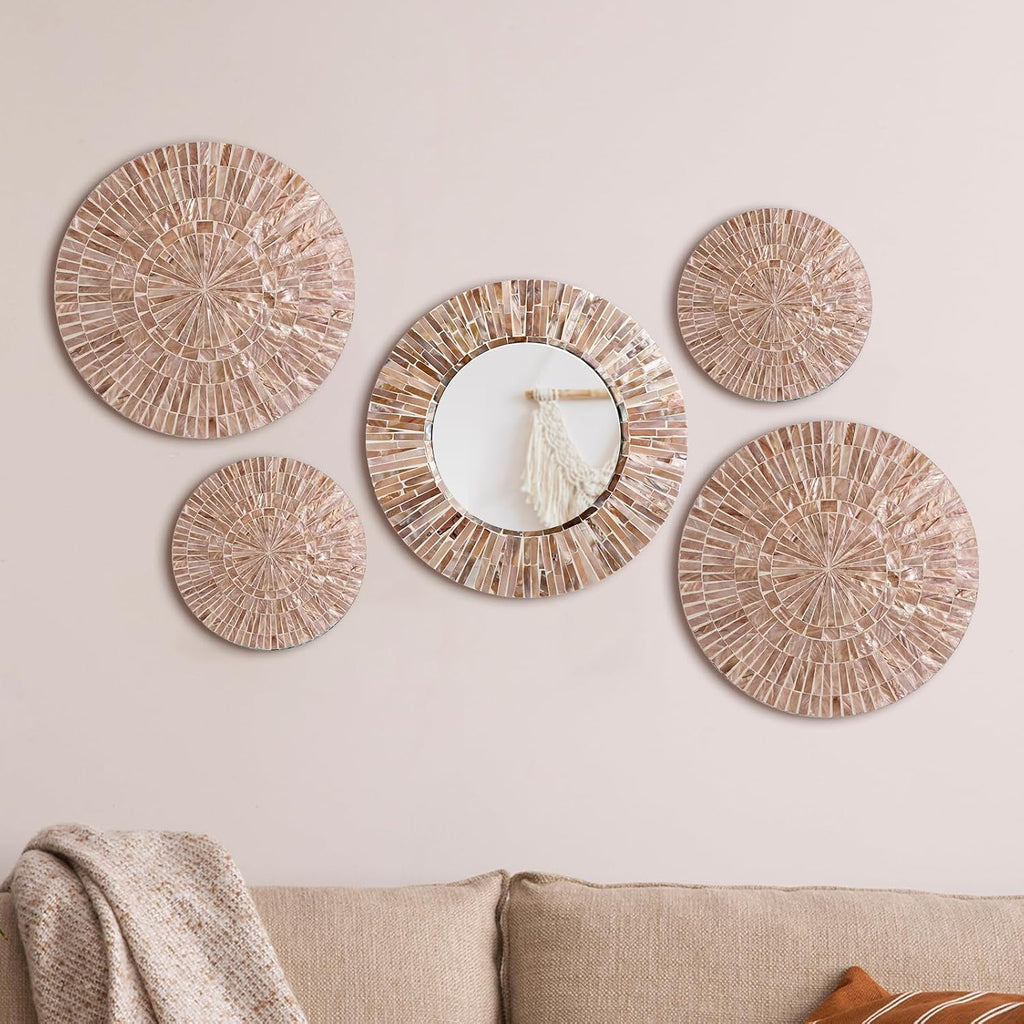 Westiti 5 piezas de decoración navideña para pared, estilo bohemio, con espejos de nácar, platos colgantes hechos a mano, arte bohemio para la decoración del dormitorio y el baño.