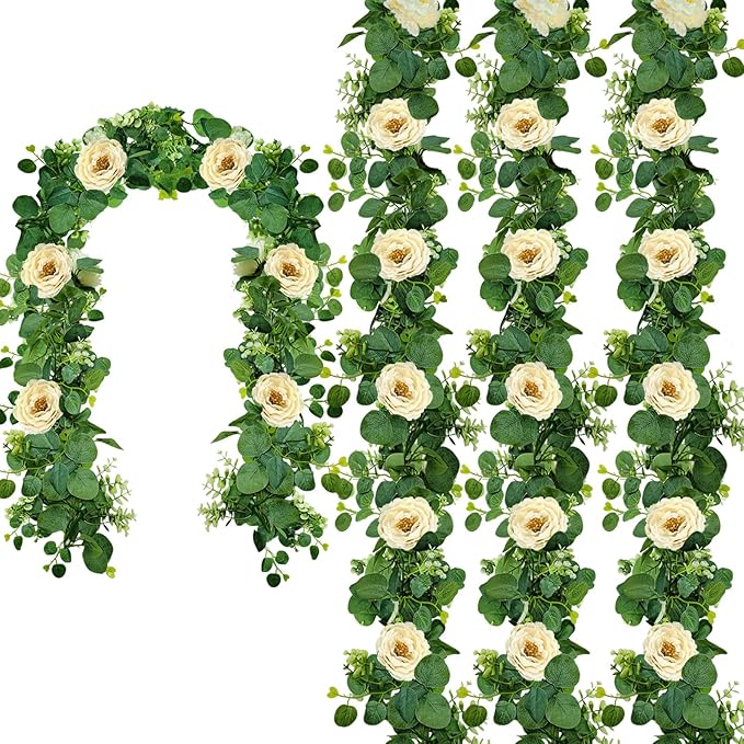 Dolicer 4Pcs 26Ft Artificial Eucalyptus Garlands with Flowers - 8 Roses, Faux Floral Greenery Garlands Fake Flowers Vines for Wedding Table Centerpieces Arch Party Ceremony Backdrop Decor (White)