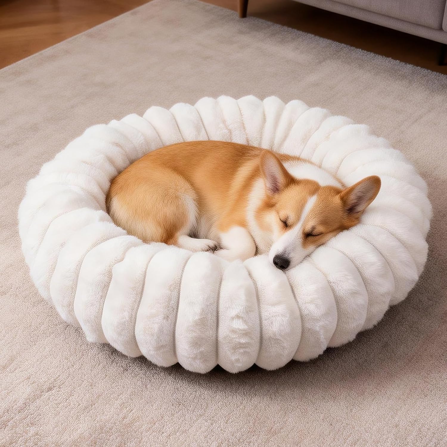 Cama Dona para Perros y Gatos | Piel Sintética de Conejo Anti-Ansiedad 23" Blanca