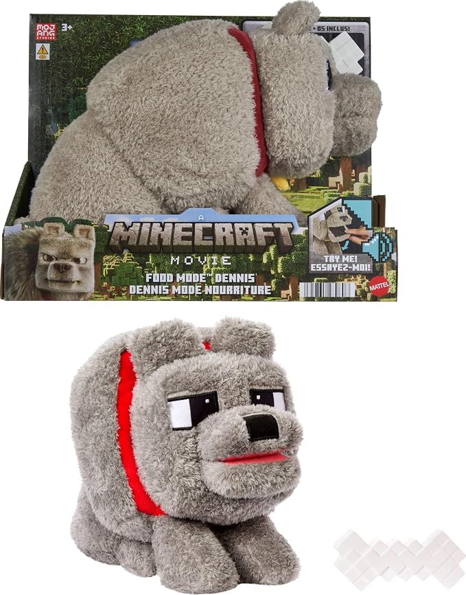 ⚠️ NO INCLUYE EL HUESO - Mattel Minecraft Dennis el lobo de peluche con acción de alimentación y sonido, animal de peluche modo comida inspirado en una película de Minecraft