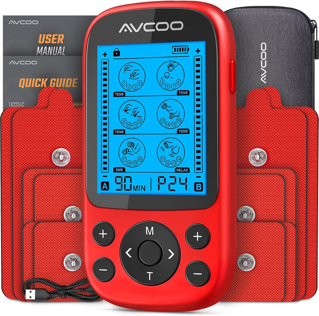Electroestimulador AVCOO 3 en 1 TENS | Masajeador EMS con 24 Modos y 40 Niveles | Alivio de Dolor de Hombro, Espalda, Cuello y Ciatica | 12 Almohadillas | Estuche EVA