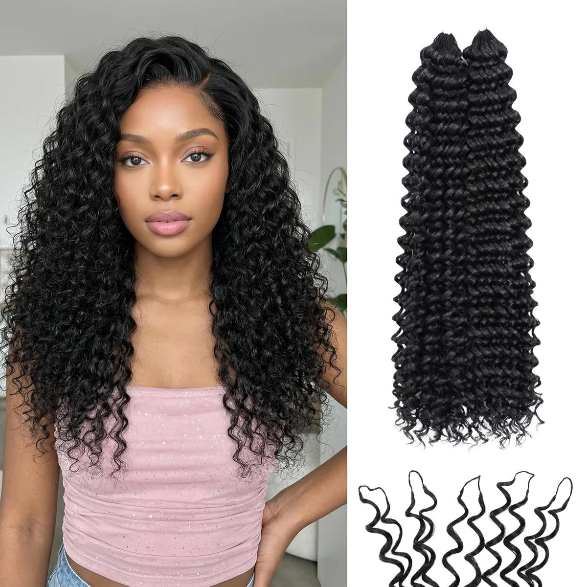 Extensiones de cabello sintético Miracle Knots Feather Crochet Hair (Jerry Curl) - 14" (35,5 cm) anudadas a mano, 50 mechones, núcleo de algodón suave, piezas de cabello sin nudos y sin pegamento (Negro natural)