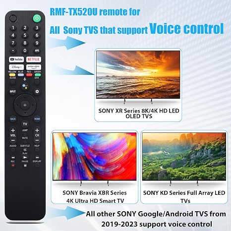 RMF-TX520U para Sony Smart TV y Bravia TV con control de voz | Control remoto de repuesto para Sony 2019-2023 XBR/KD/XR Series, X80J, X85J, X90J, A80J, etc