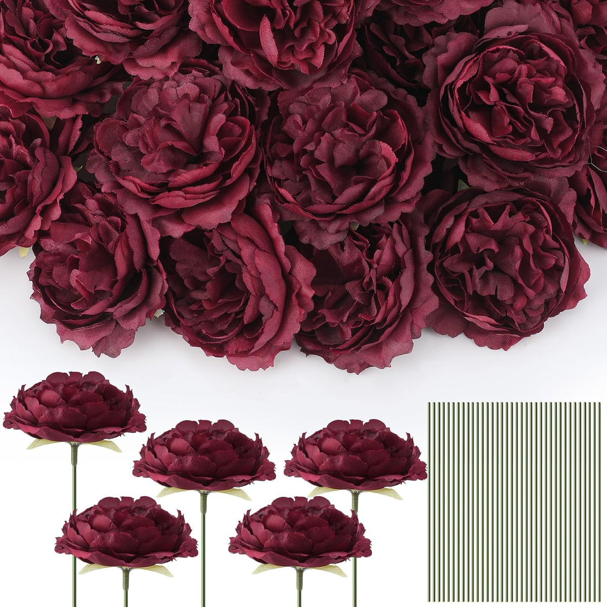 Thiccywoov 100 Flores de Rosa Artificial de Tallo Largo, 3.2 Pulgadas, Rosa de Seda, Flores Falsas para Bodas, Ramo de Novia, Día de la Independencia, Decoración Floral para el Hogar, Centros de Mesa, Fiestas (Borgoña)